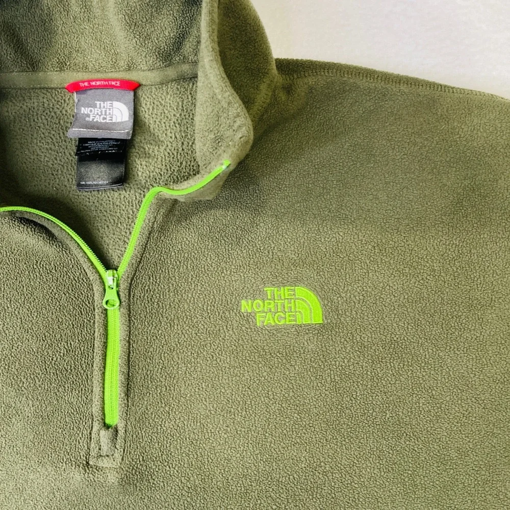 The North Face Mens L TKA 100 1/4 Zip Fleece Pullover Olive Green Neon Lime Logo